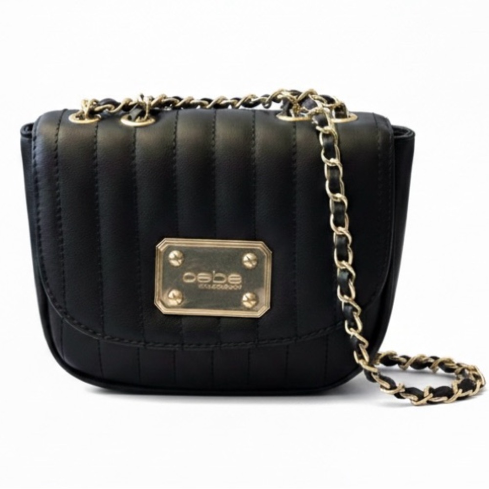 Bebe Black Quilted Vertical Stitch Crossbody Bag with Gold-Tone Hardware